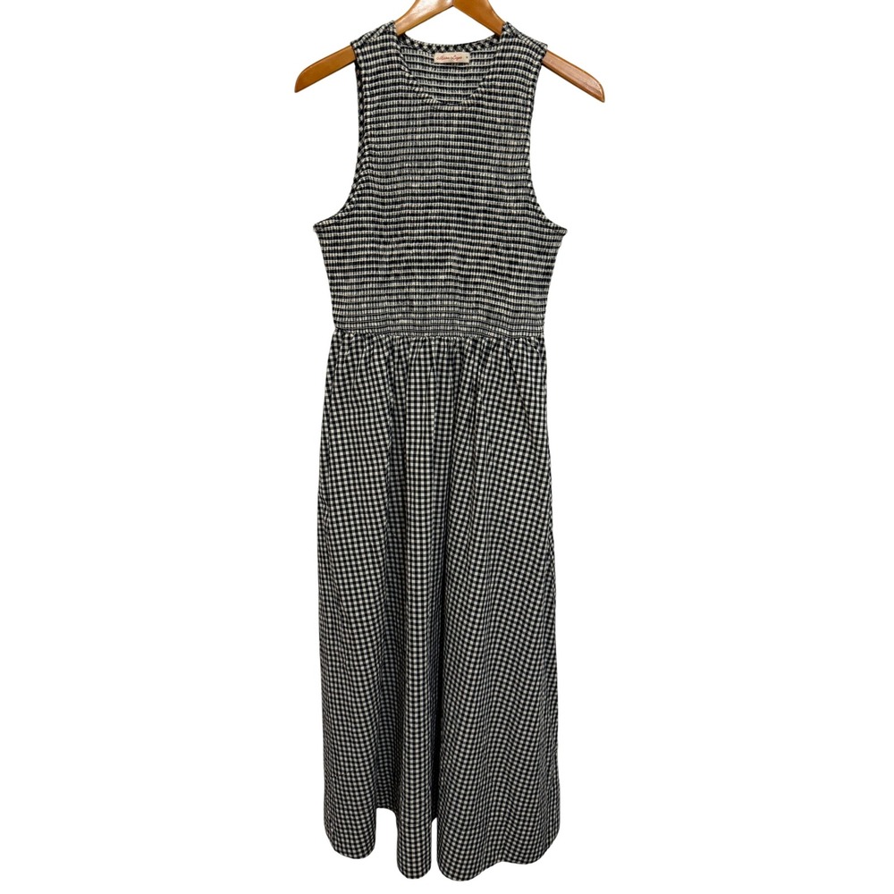 Marine Layer Women Midi Dress M Black Gingham Smocked Pockets Coastal Farmhouse
